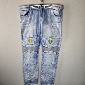 Focus Men's Relaxed Broken Heart Jeans Green Details Paint Splatter 44Wx32L